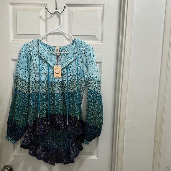 RAGA Tops - RAGA Blue Green Ruffled 3/4 Sleeve Blouse NWT